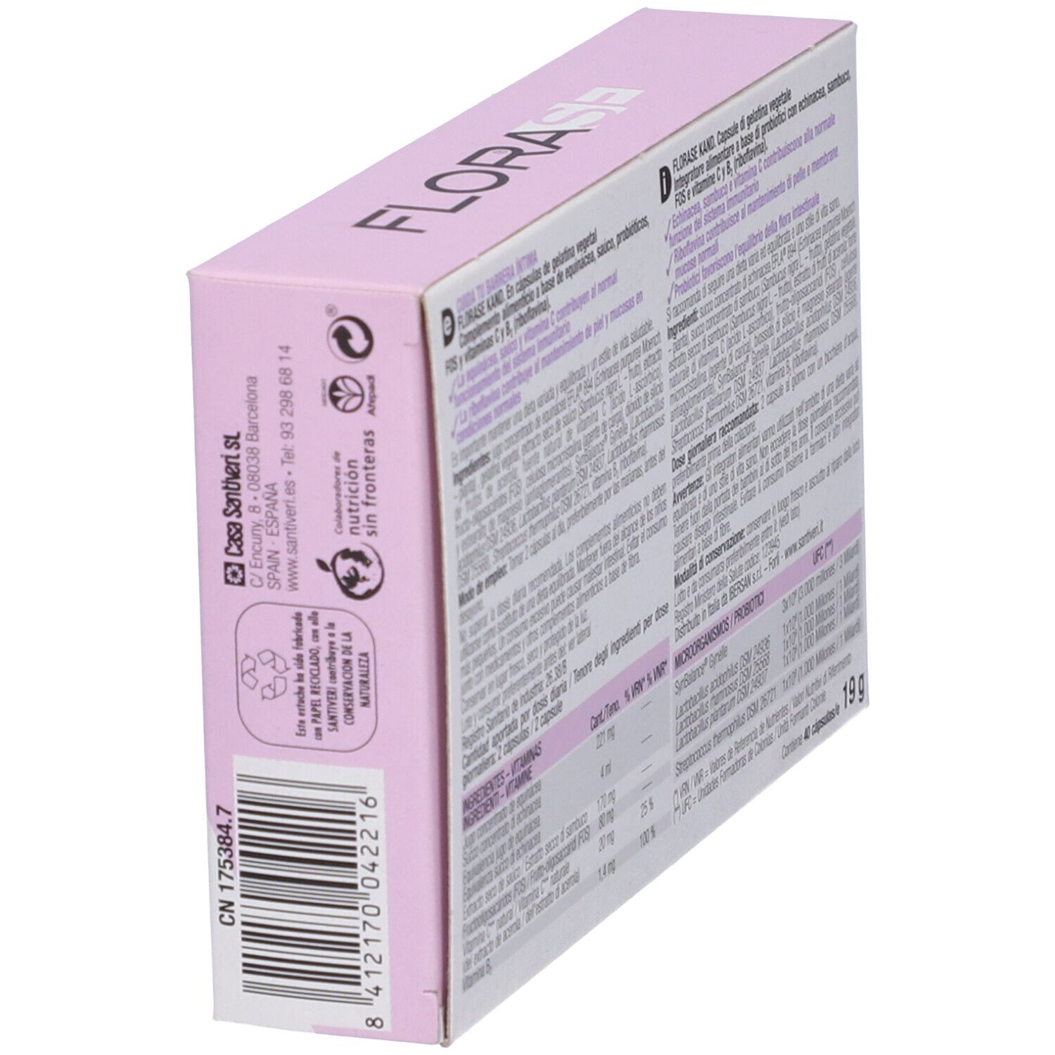 Rückseite der Produktverpackung FLORASE KAND. Enthält Informationen zu Inhaltsstoffen und Dosierung. Mehrsprachiger Text.