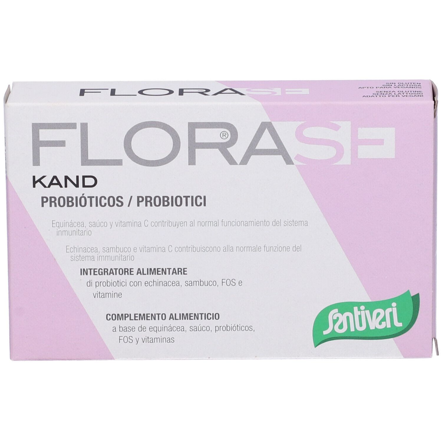Produktverpackung FLORASE KAND. Weiß und rosa. Enthält Probiotika. Santiveri-Logo. Mehrsprachiger Text.