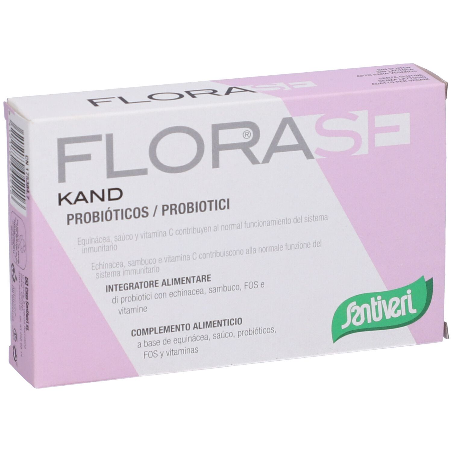 Produktverpackung FLORASE KAND. Weiß und rosa. Enthält Probiotika. Santiveri-Logo. Mehrsprachiger Text.