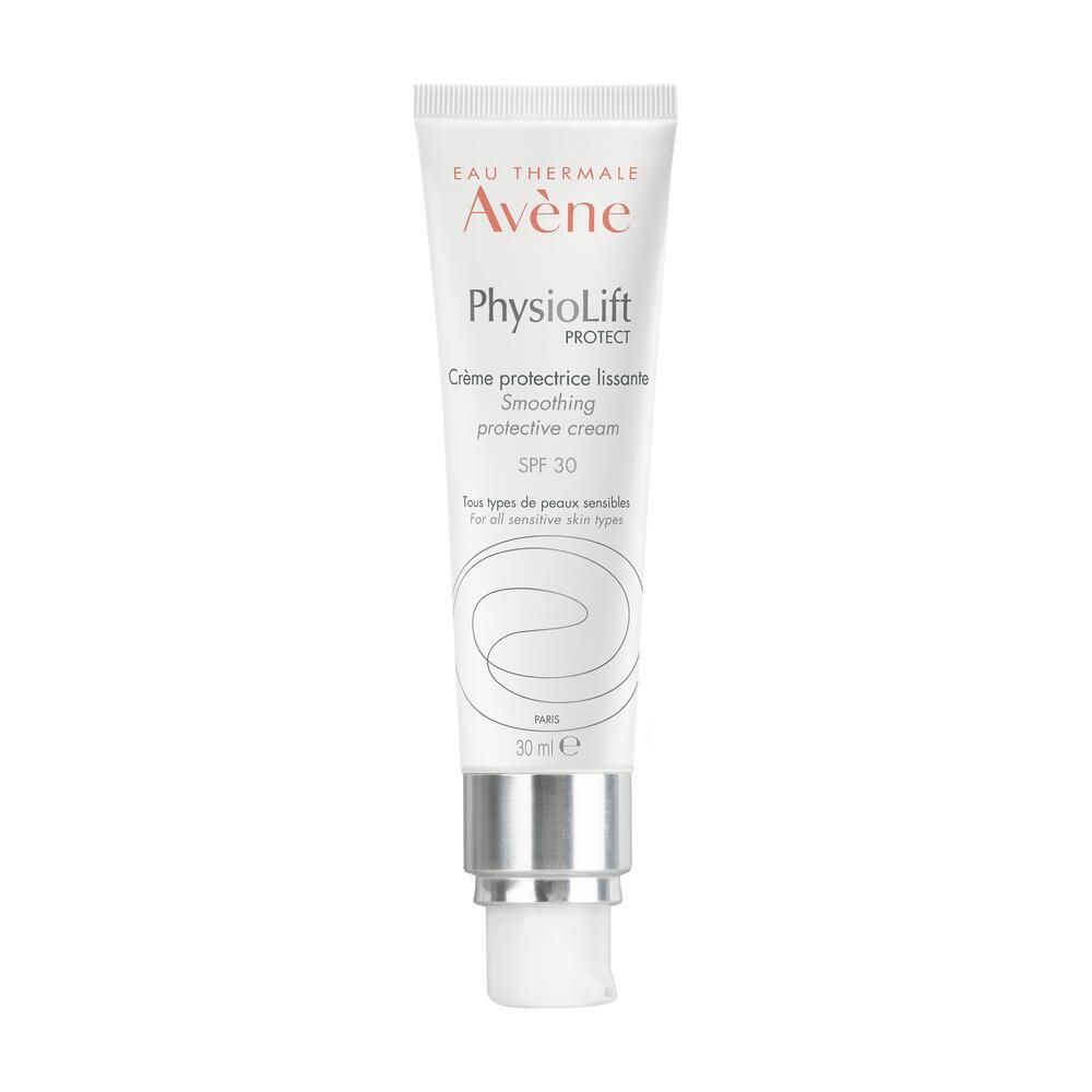 Tube blanc avec bouchon argenté. Inscription: Eau Thermale Avène, PhysioLift PROTECT, Crème protectrice lissante, SPF 30.