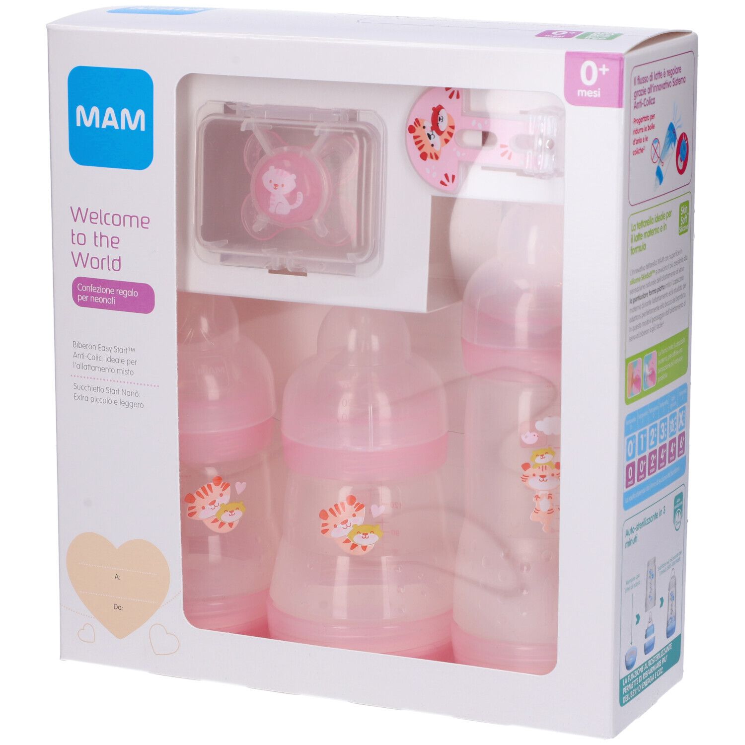 Coffret cadeau avec biberons, sucette et clip. Rose et blanc. Logo MAM. Emballage avec illustrations.