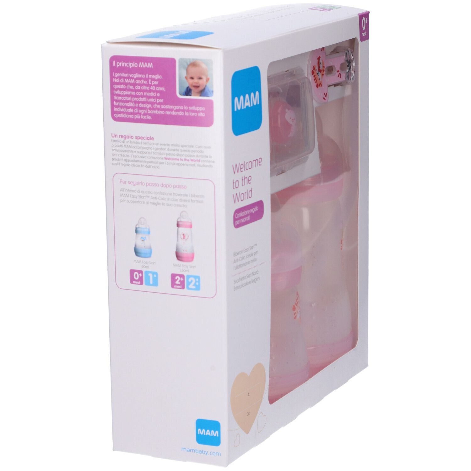 Emballage avec biberons, sucette et clip. Rose et blanc. Logo MAM. Informations et illustrations du produit.