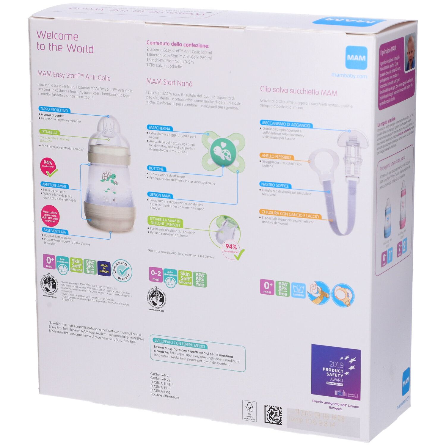 Dos de l'emballage. Contient biberons, sucette et clip. Logo MAM. Informations et schémas du produit.