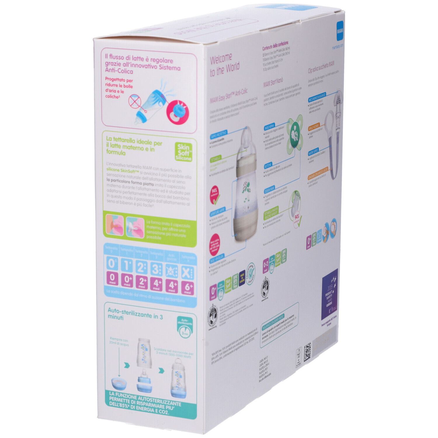 Vue latérale de l'emballage. Contient biberons, sucette et clip. Logo MAM. Informations et schémas.
