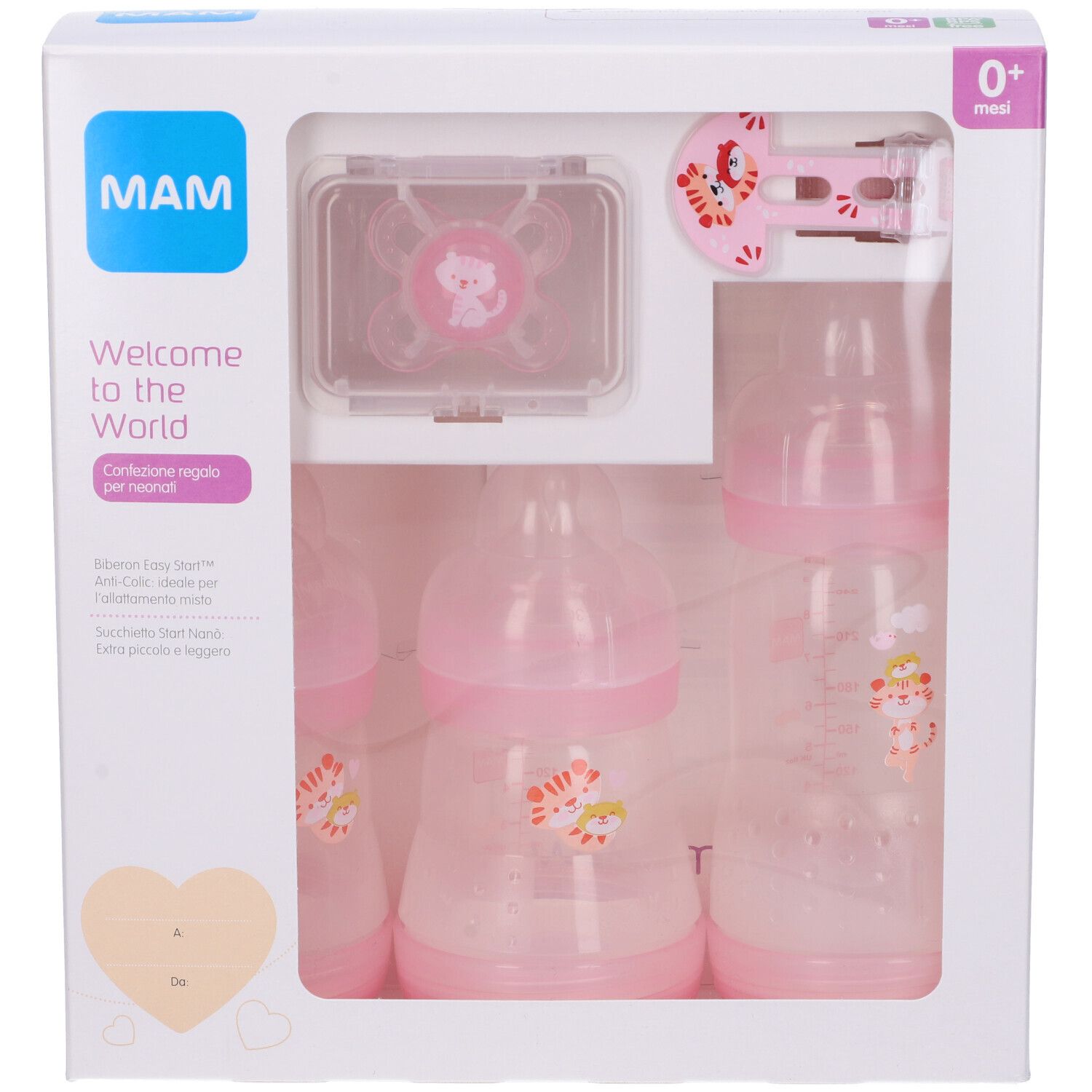 Coffret cadeau pour nouveau-nés. Contient biberons, sucette et clip. Rose et blanc. Logo MAM.