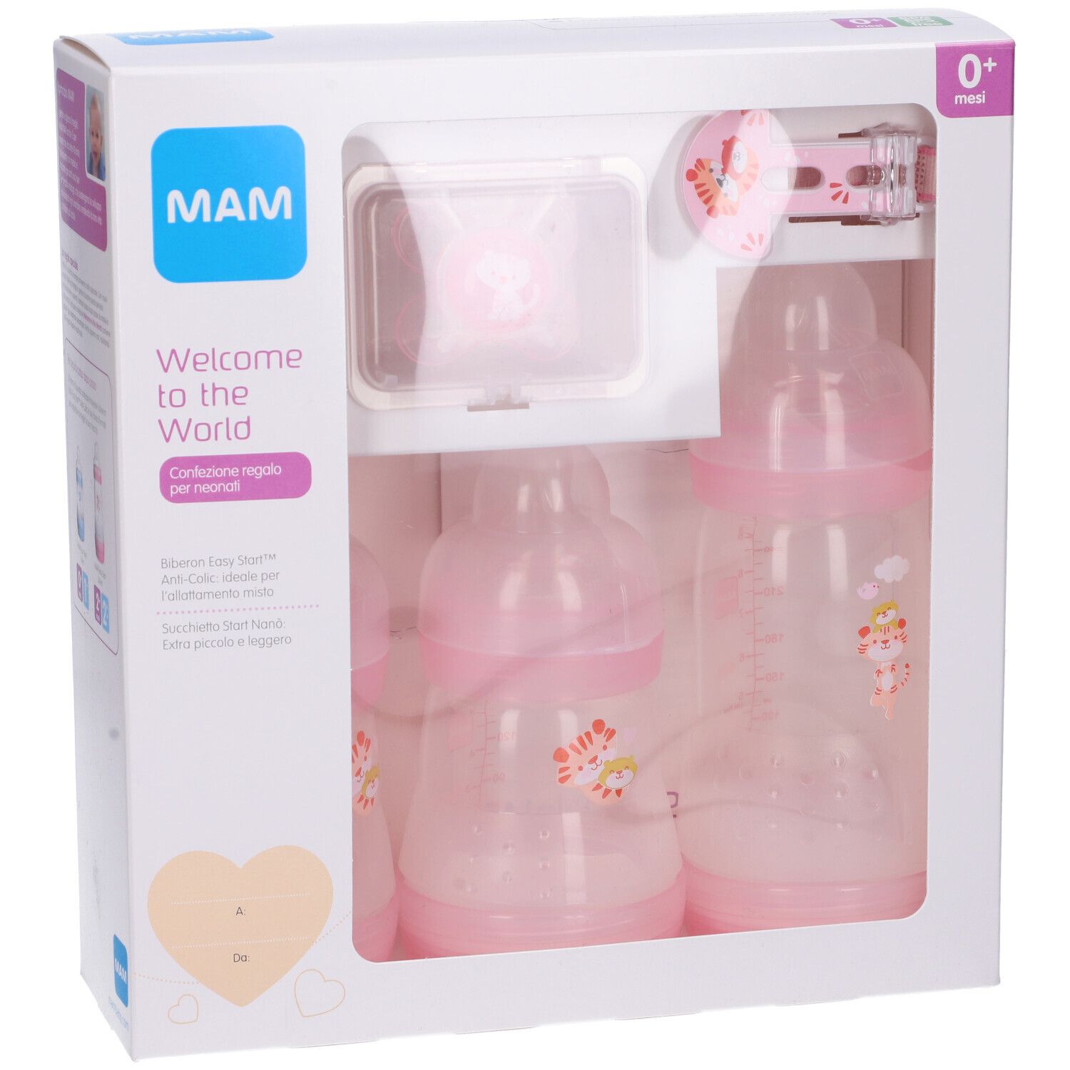 Coffret cadeau pour nouveau-nés. Contient biberons, sucette et clip. Rose et blanc. Logo MAM.