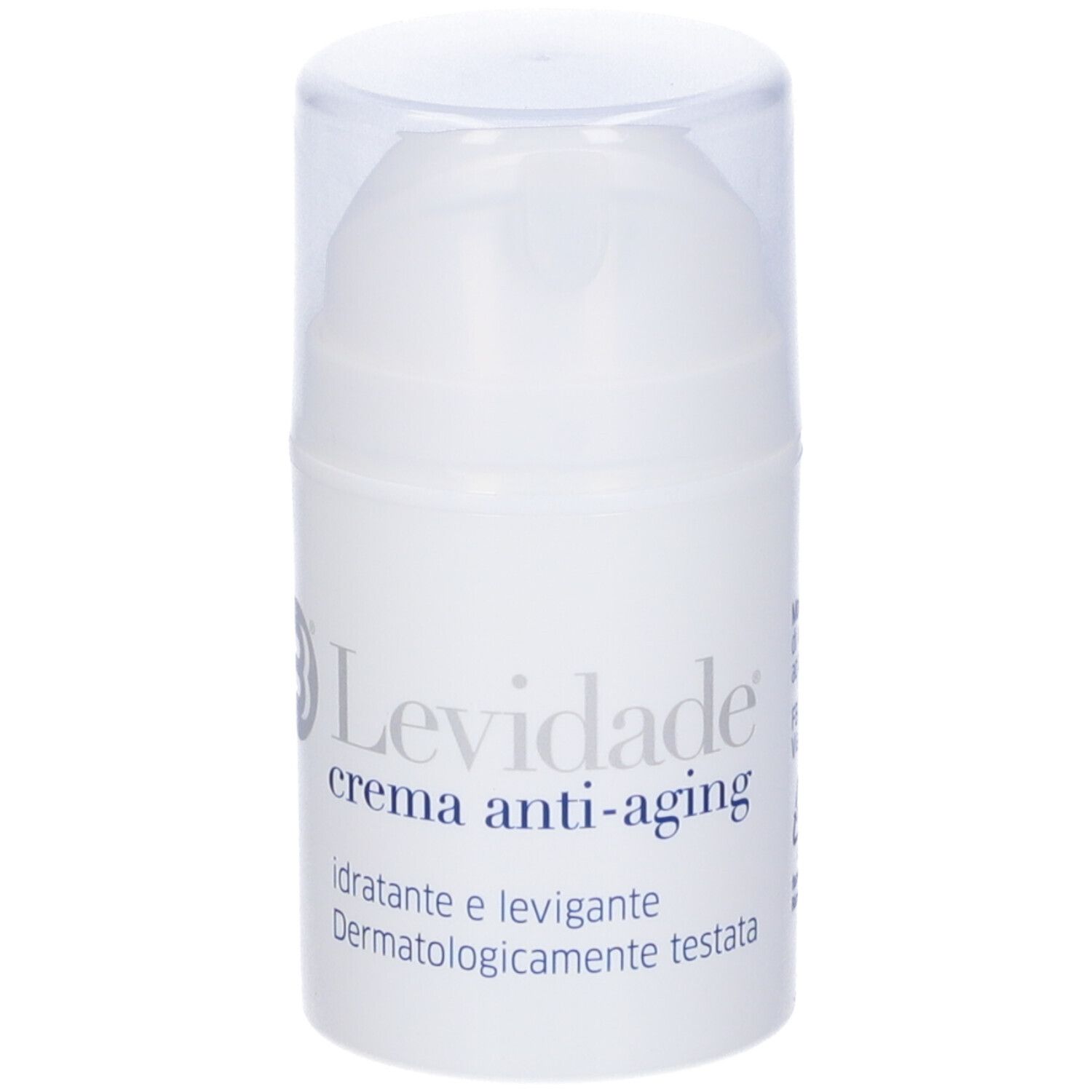 Tube de crème blanc avec couvercle transparent. Inscription : Levidade crema anti-aging. Hydratant et lissant.