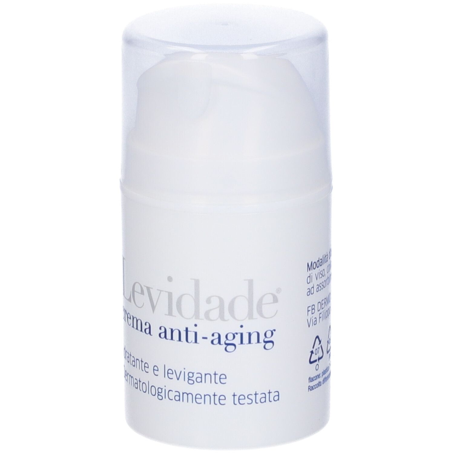 Tube de crème blanc avec couvercle transparent. Inscription : Levidade crema anti-aging. Hydratant et lissant.