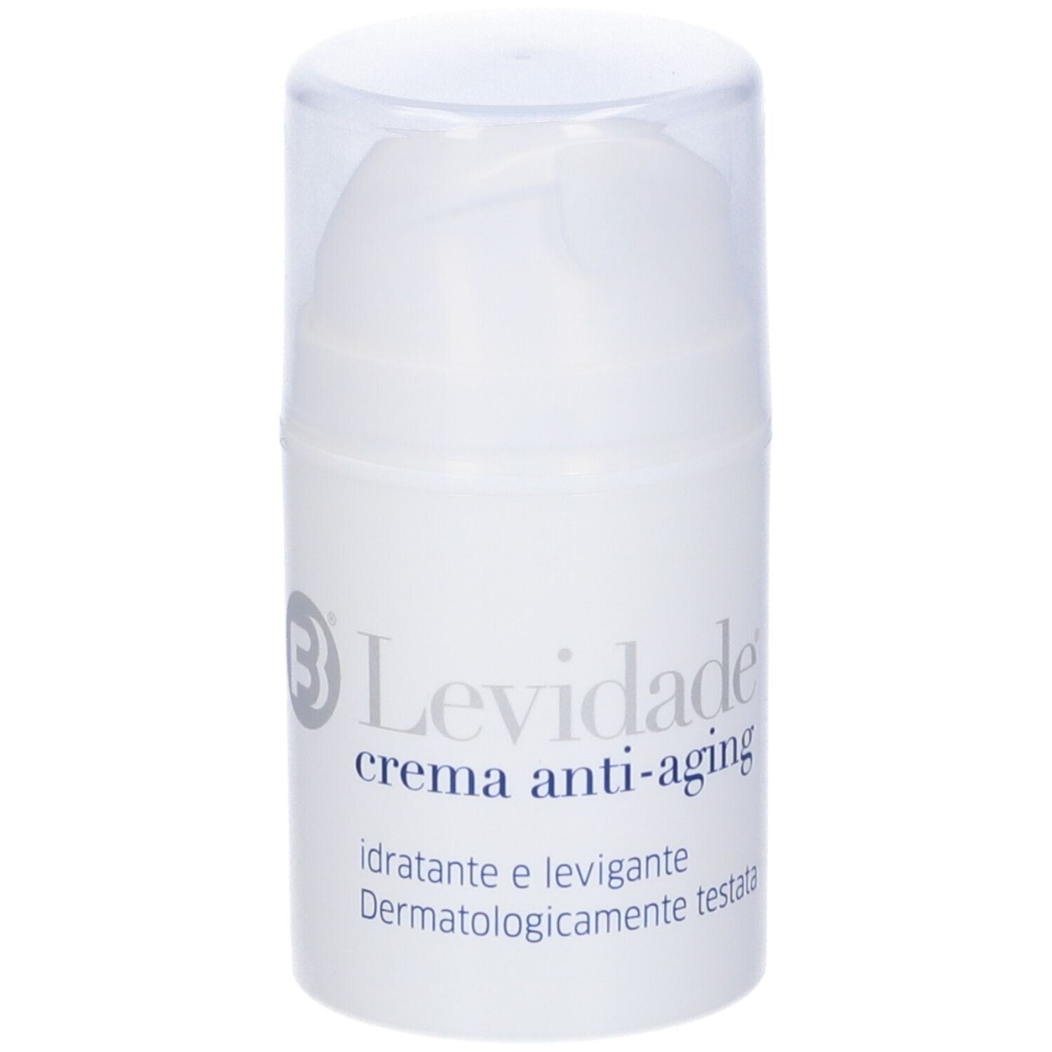 Tube de crème blanc avec couvercle transparent. Inscription : Levidade crema anti-aging. Hydratant et lissant.