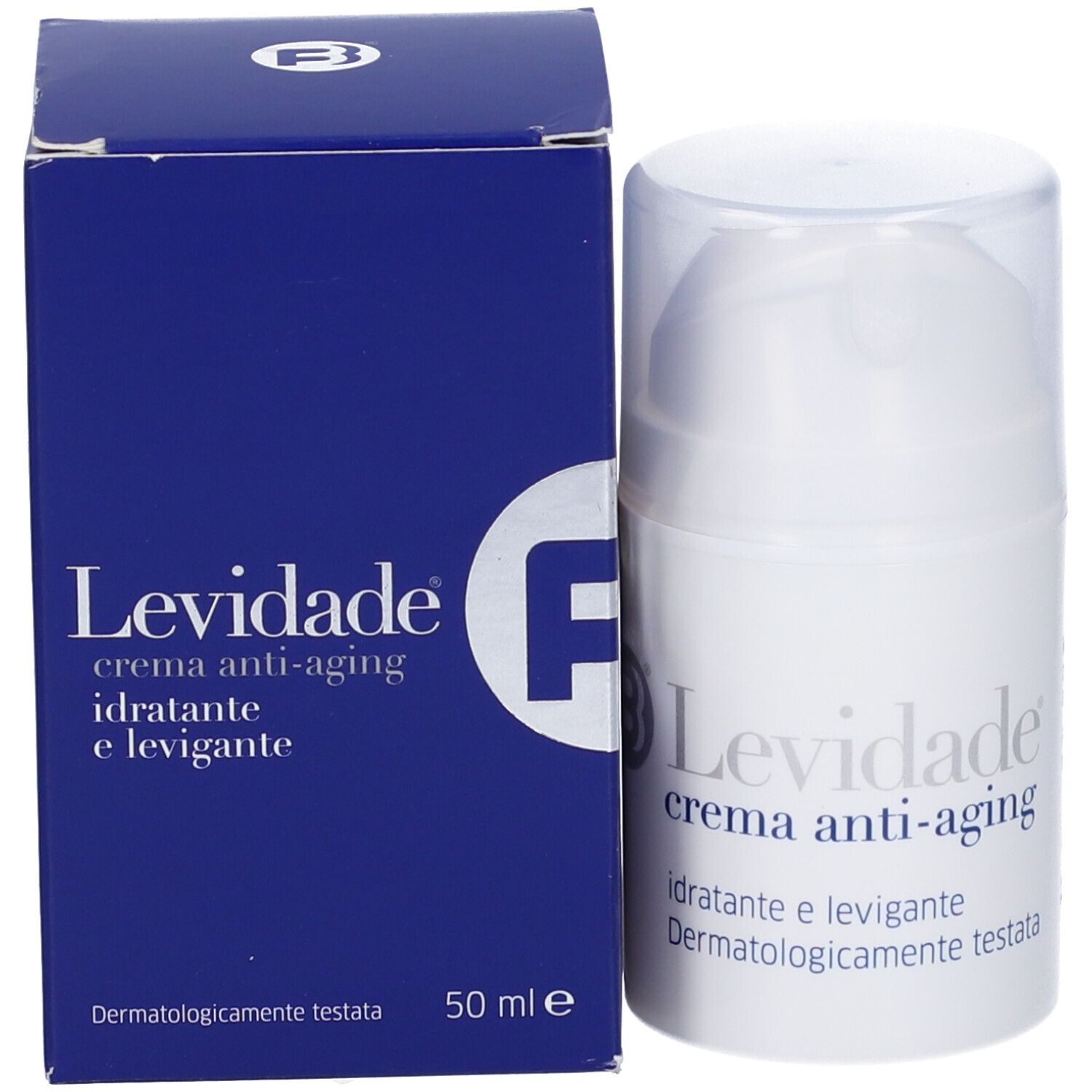 Crème et emballage. Inscription : Levidade crema anti-aging. Hydratant et lissant. Testé dermatologiquement.