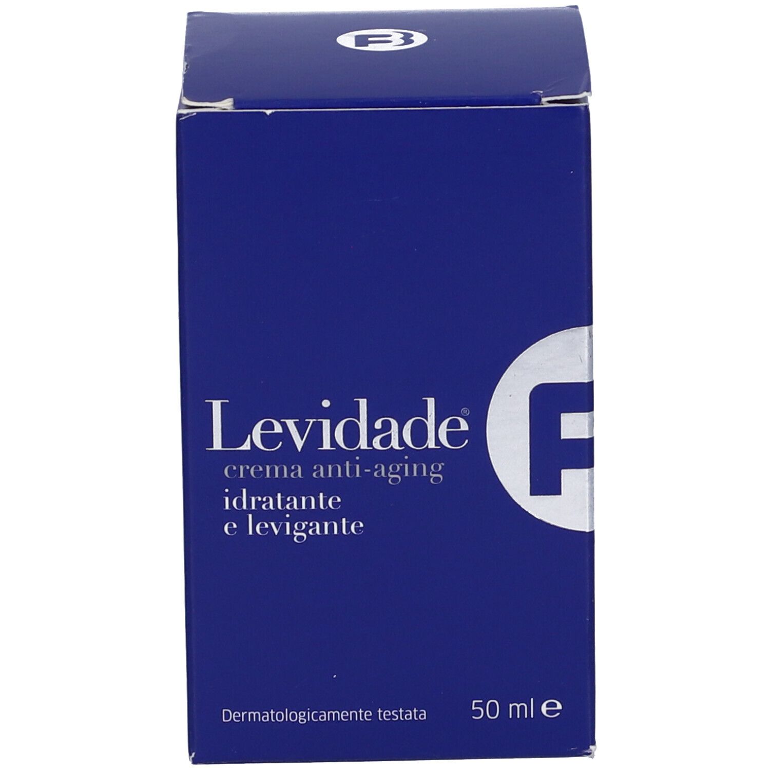 Emballage bleu. Inscription : Levidade crema anti-aging. Hydratant et lissant. Testé dermatologiquement. 50 ml.