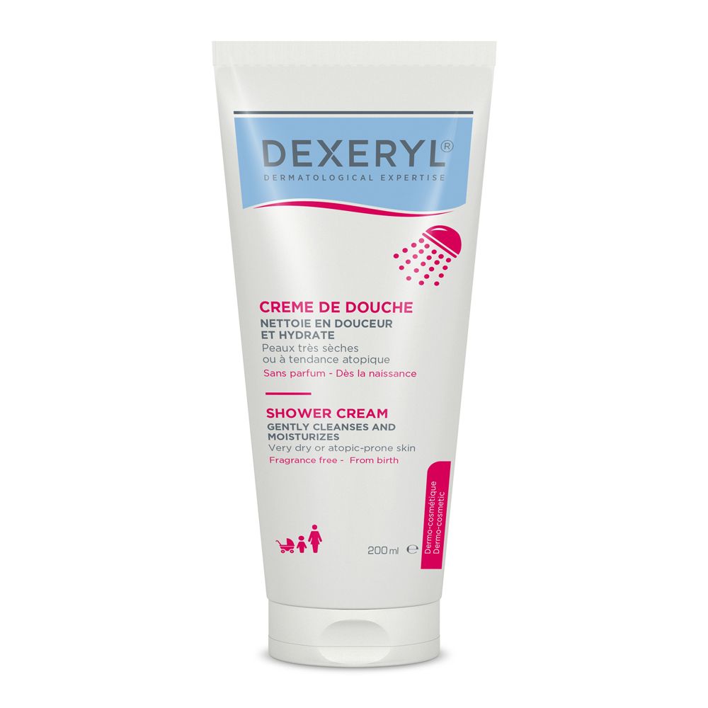 Tube de crème de douche DEXERYL® blanche. Inscriptions bleues et rouges. Informations sur les ingrédients et l'utilisation. Nom du produit en façade.