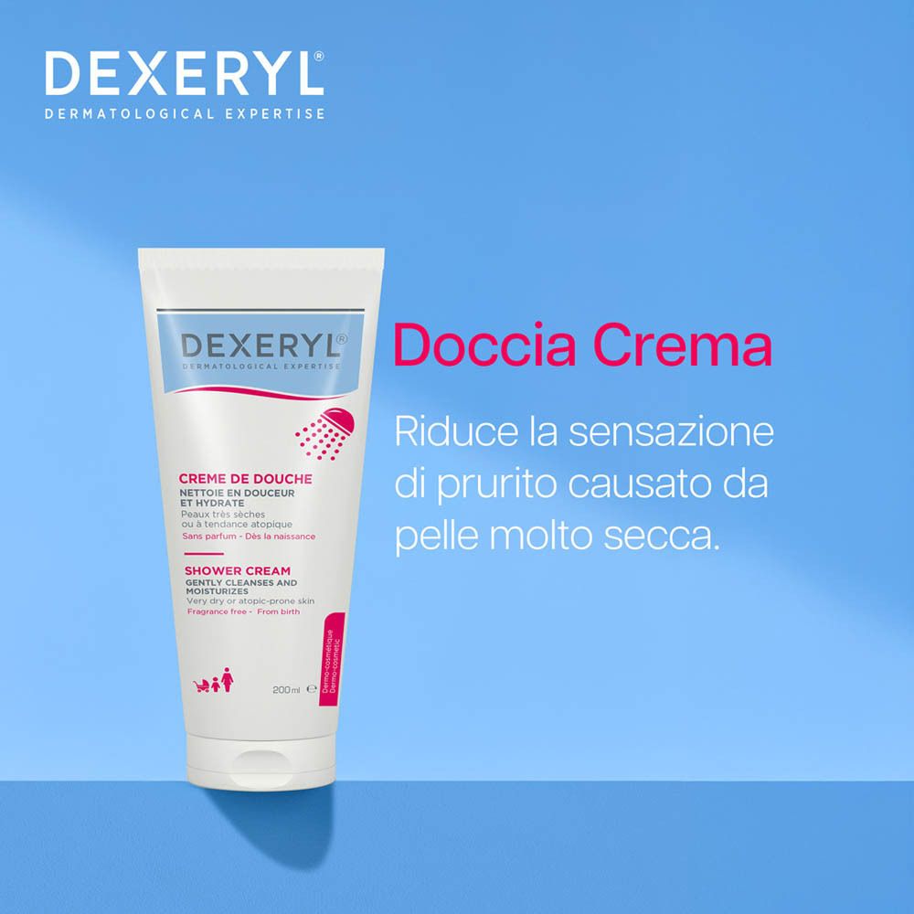 Tube DEXERYL® Dermatologie-Duschcreme. Texte: Doccia Crema. Réduit les démangeaisons de la peau très sèche.