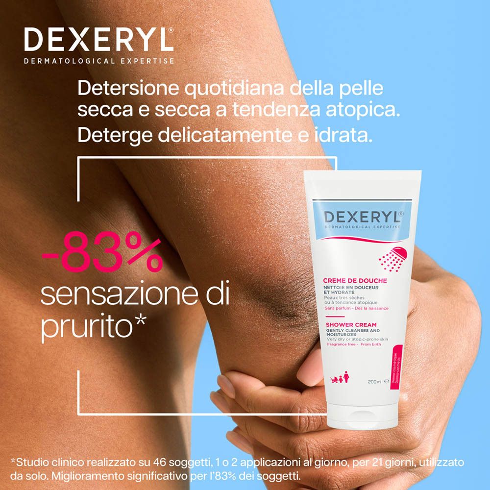 Tube DEXERYL® Dermatologie-Duschcreme. Texte: Nettoyage quotidien des peaux sèches et à tendance atopique.