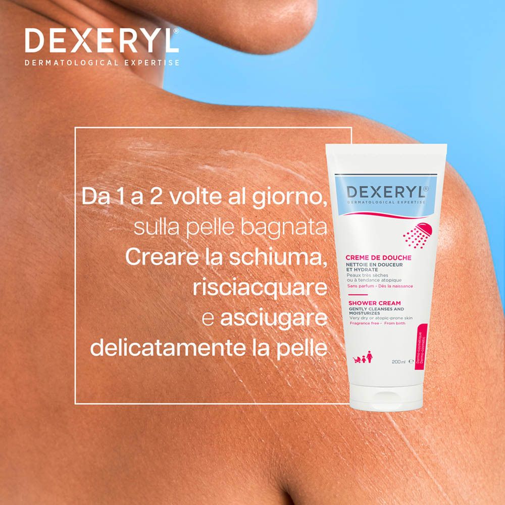 Tube DEXERYL® Dermatologie-Duschcreme. Texte: Appliquer sur peau mouillée, faire mousser, rincer et sécher délicatement.
