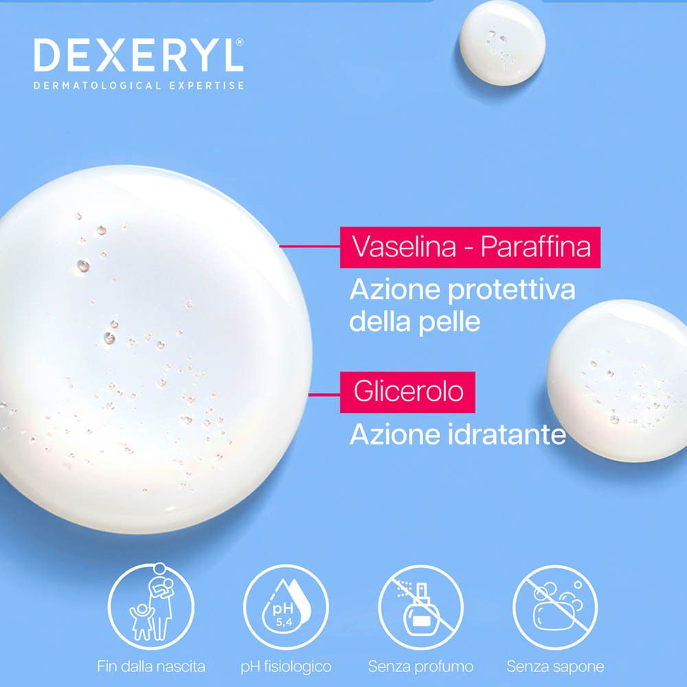 Gouttes blanches rondes. Texte: Vaseline - Paraffine. Glycérine. Sans parfum, sans savon. pH 5,4.