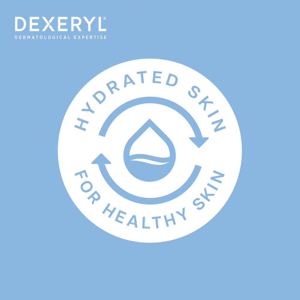 Logo bleu avec flèches et goutte d'eau. Texte: Peau hydratée pour une peau saine.