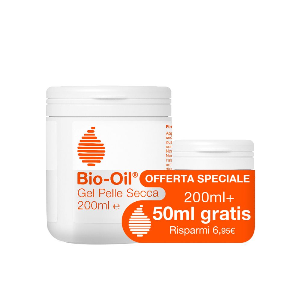 Deux pots blancs. Le plus grand porte l'inscription Bio-Oil® Gel Pelle Secca. Le plus petit : 50ml gratuits.