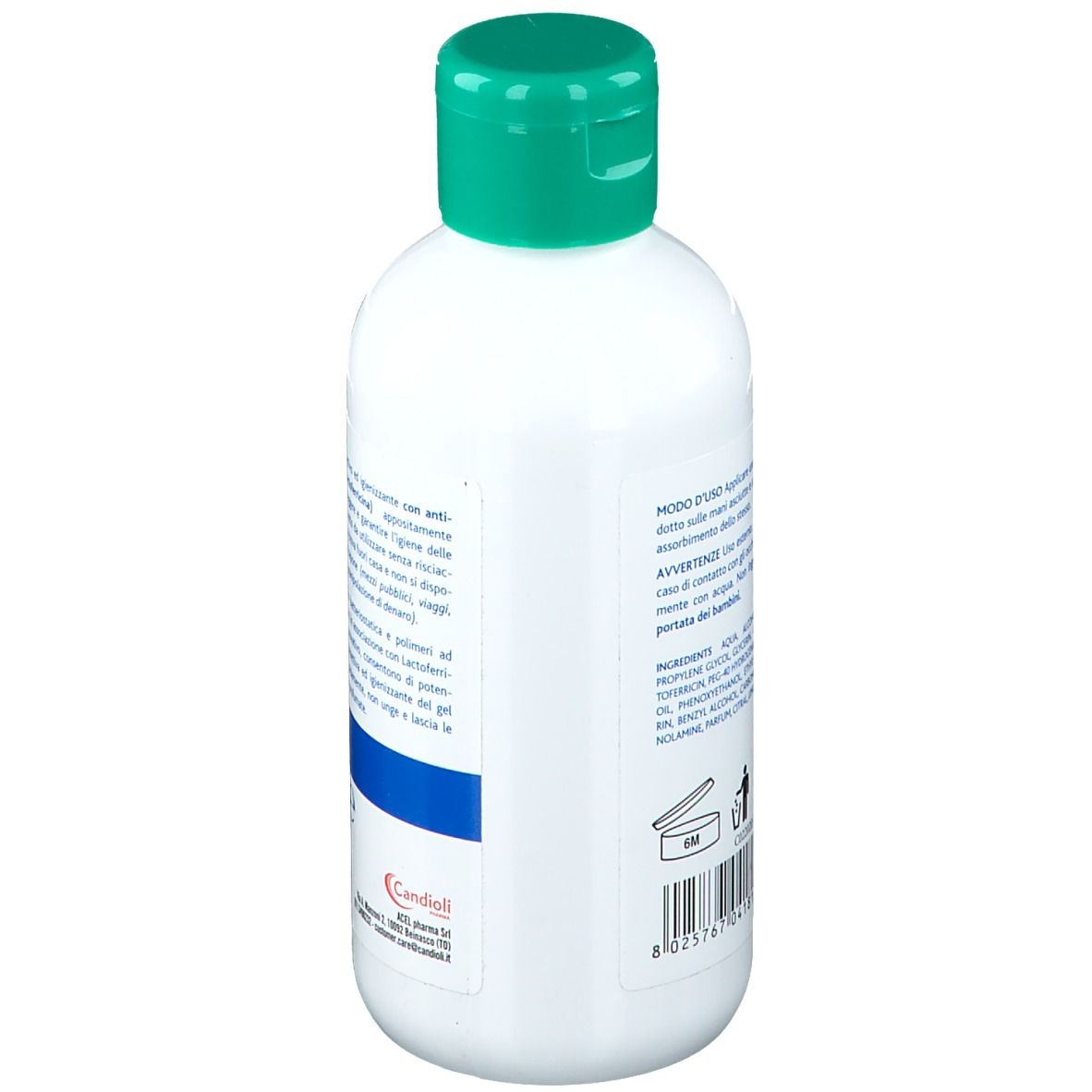 Flacon blanc avec bouchon vert. Vue latérale avec texte et ingrédients. Logo "Candioli".