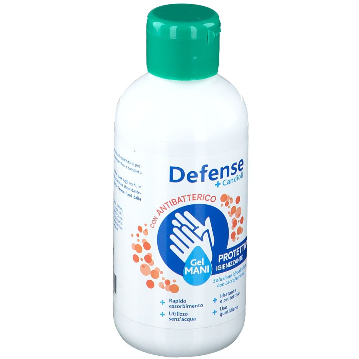 Flacon blanc avec bouchon vert. Inscription "Defense + candioli". Graphiques bleus et oranges. Texte : "Gel mani protettivo igienizzante".