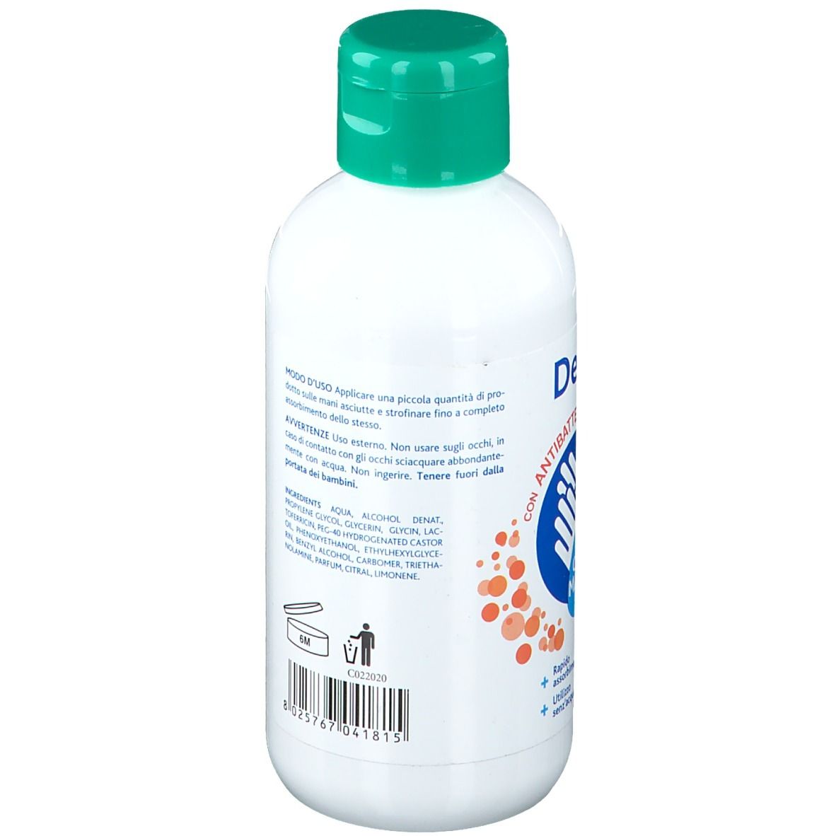 Flacon blanc avec bouchon vert. Vue latérale avec texte et ingrédients. Logo "Candioli".