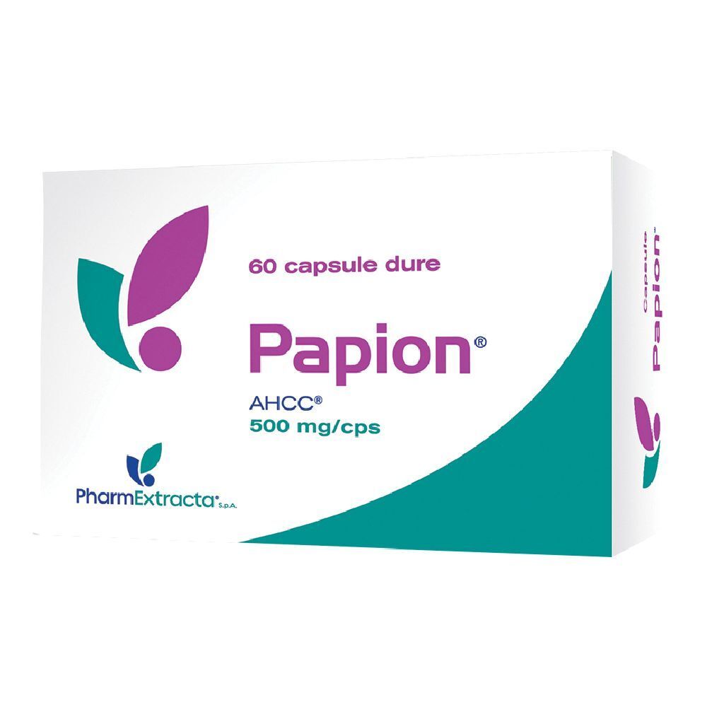 Boîte blanche de gélules Papion. Inscription: 60 capsule dure, AHCC 500 mg/cps. Logo PharmExtracta.