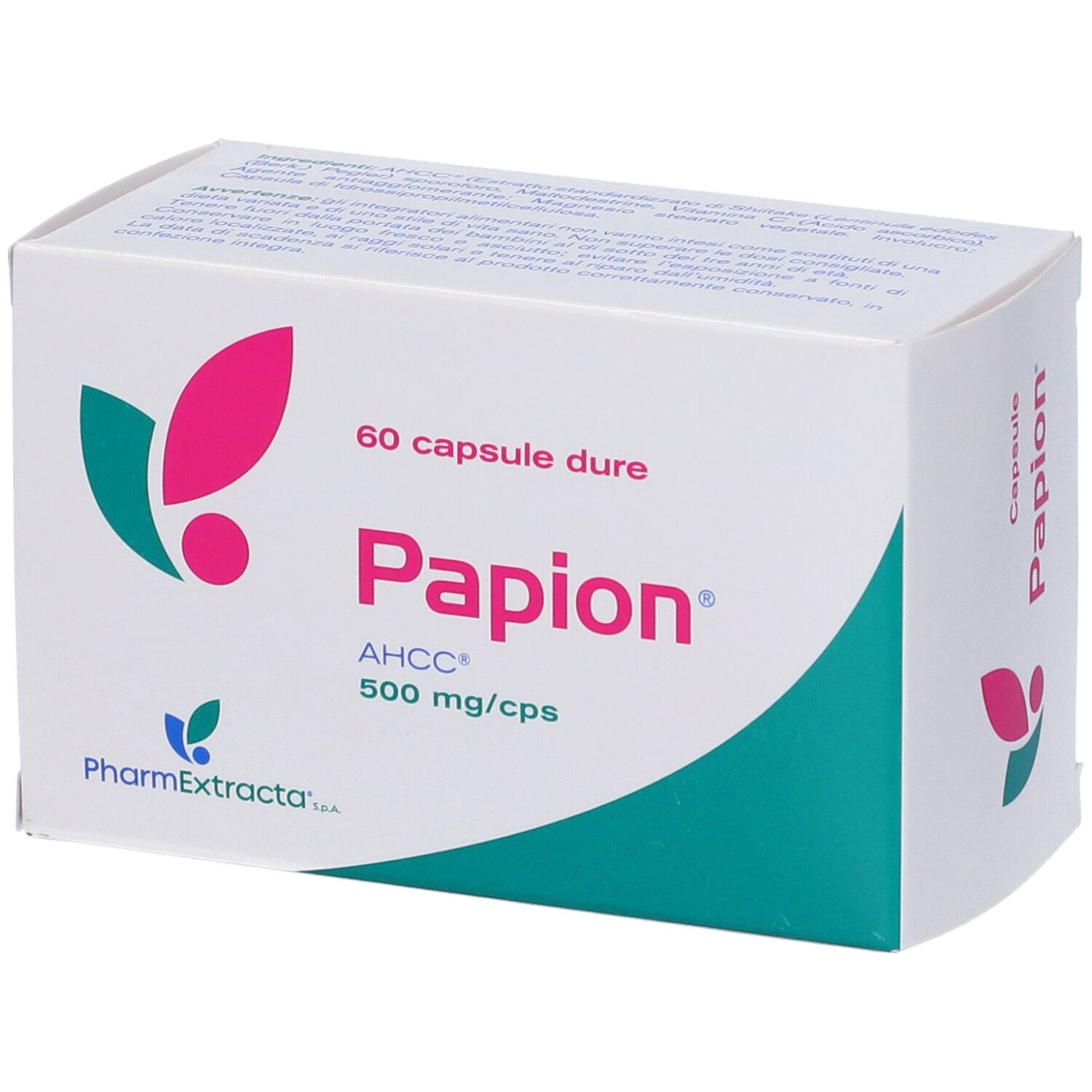 Boîte blanche de gélules Papion. Inscription: 60 capsule dure, AHCC 500 mg/cps. Logo PharmExtracta.