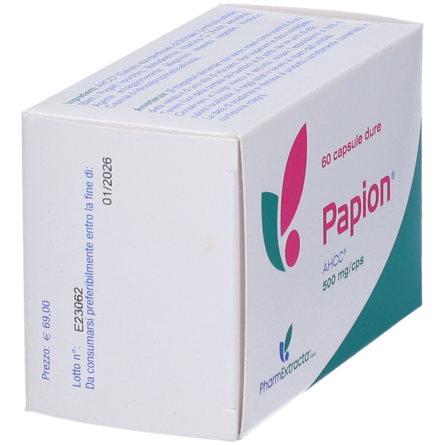 Boîte de gélules Papion en biais. Inscription: 60 capsule dure, AHCC 500 mg/cps. Logo PharmExtracta. Texte sur le dessus.