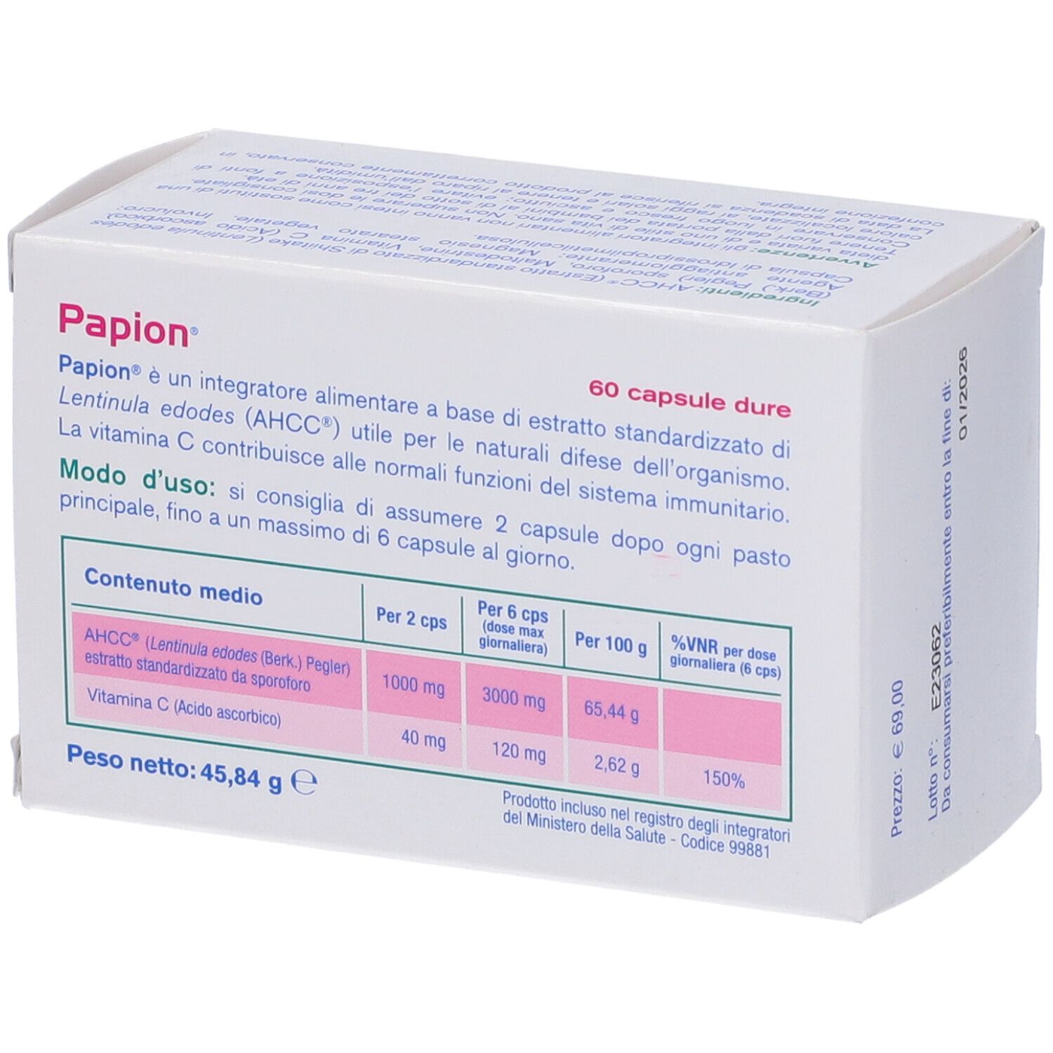 Boîte de gélules Papion. Inscription: 60 capsule dure. Tableau avec ingrédients et valeurs nutritionnelles. Texte.