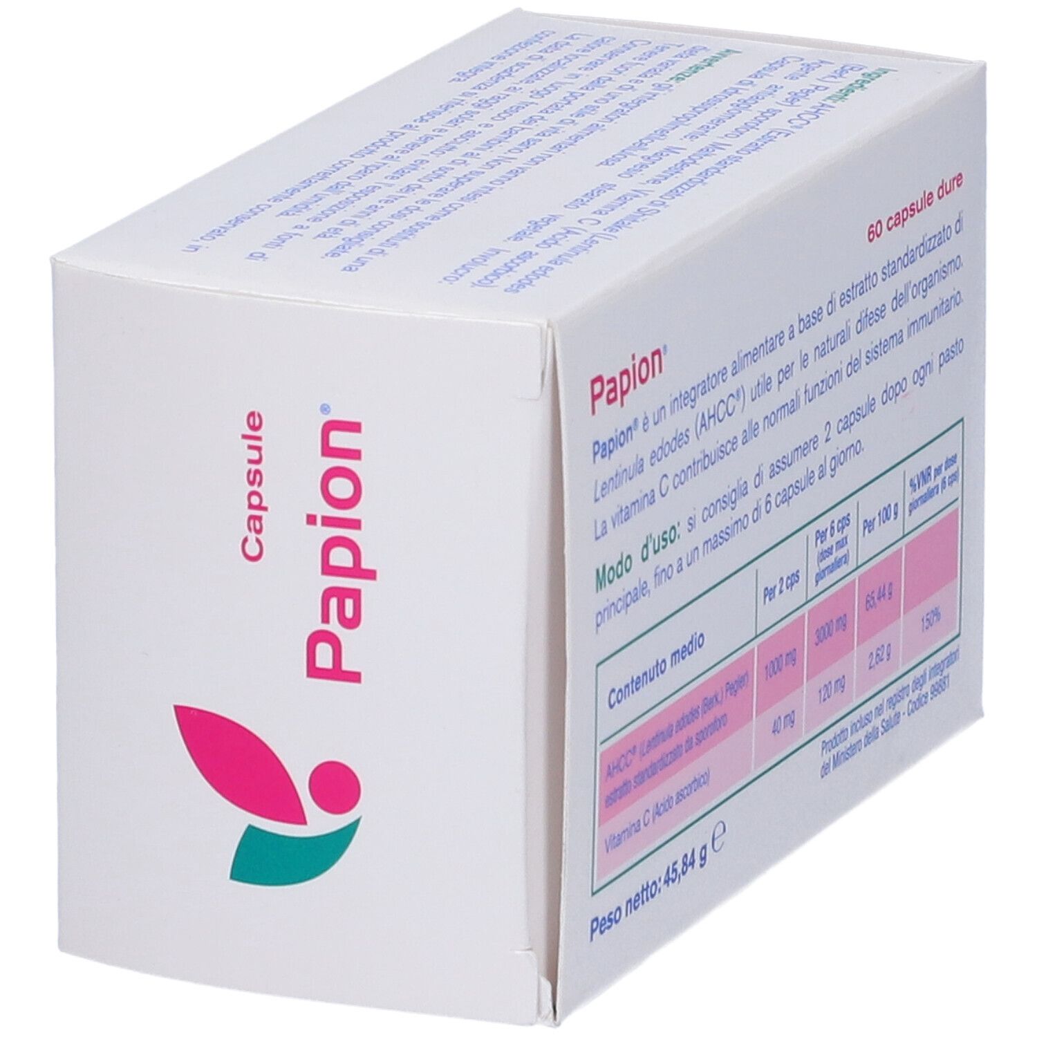 Boîte de gélules Papion en biais. Inscription: 60 capsule dure. Texte et tableau avec ingrédients et valeurs nutritionnelles.