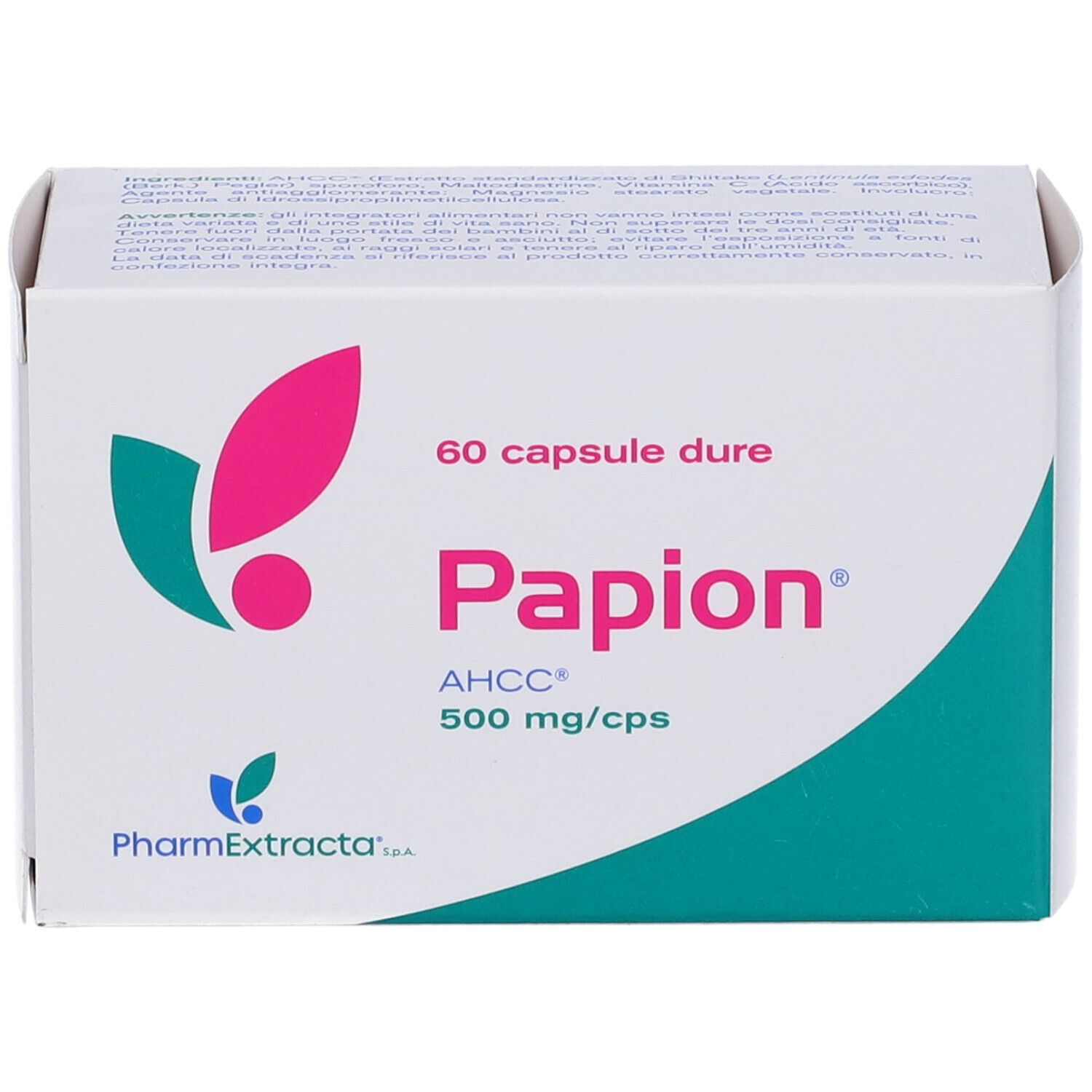 Boîte blanche de gélules Papion. Inscription: 60 capsule dure, AHCC 500 mg/cps. Logo PharmExtracta.