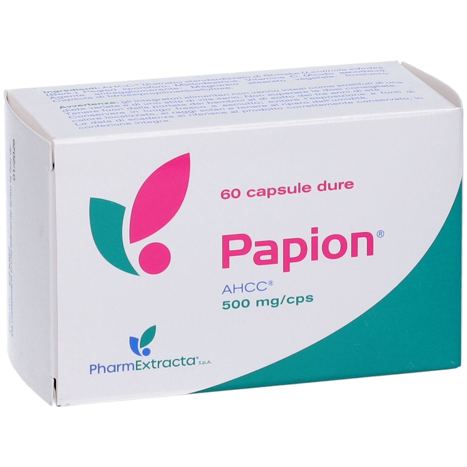 Boîte blanche de gélules Papion. Inscription: 60 capsule dure, AHCC 500 mg/cps. Logo PharmExtracta.