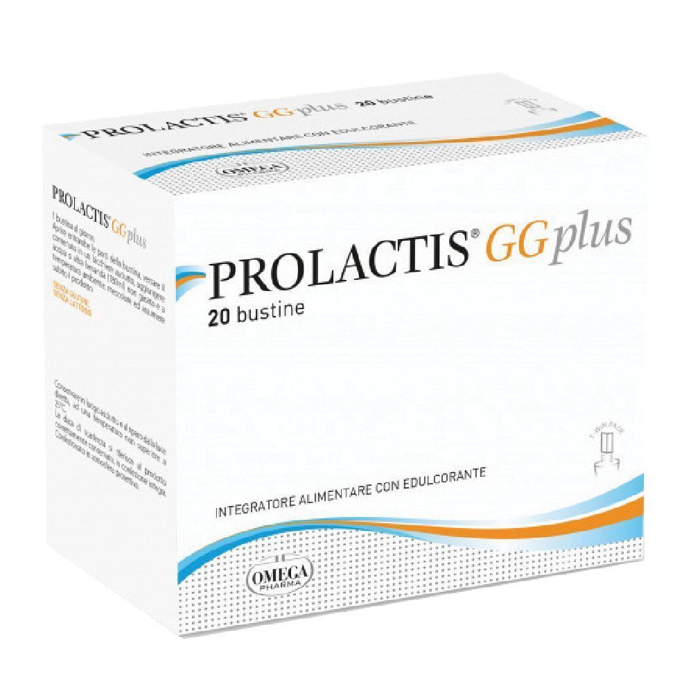 Boîte blanche "PROLACTIS GG plus", "20 bustine". Logo Omega Pharma. Éléments graphiques bleus et orange.