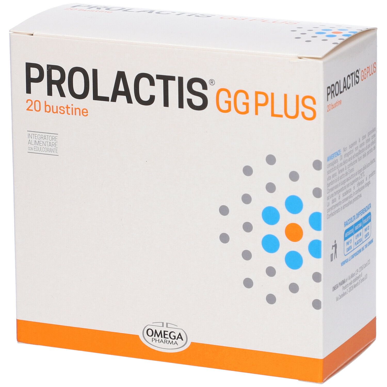 Boîte blanche "PROLACTIS GG PLUS", "20 bustine". Logo Omega Pharma. Motif bleu et orange.