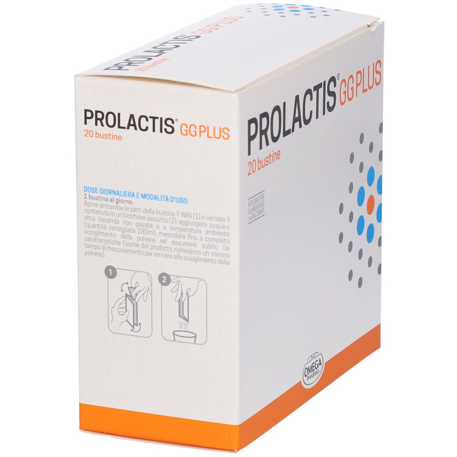 Boîte blanche "PROLACTIS GG PLUS", "20 bustine". Logo Omega Pharma. Motif bleu et orange.
