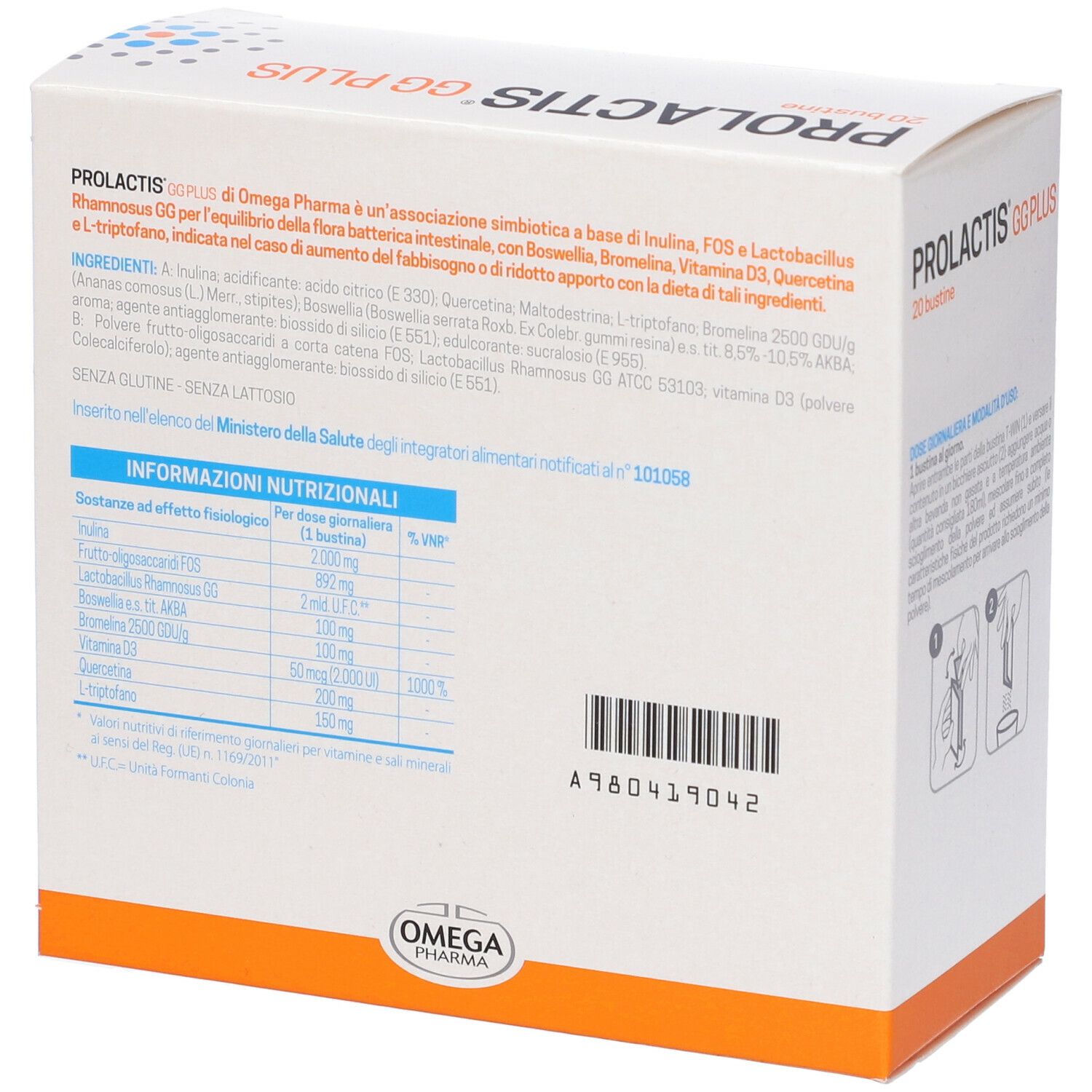 Dos de la boîte. Texte avec ingrédients et informations nutritionnelles. Logo Omega Pharma. Code A960419042.