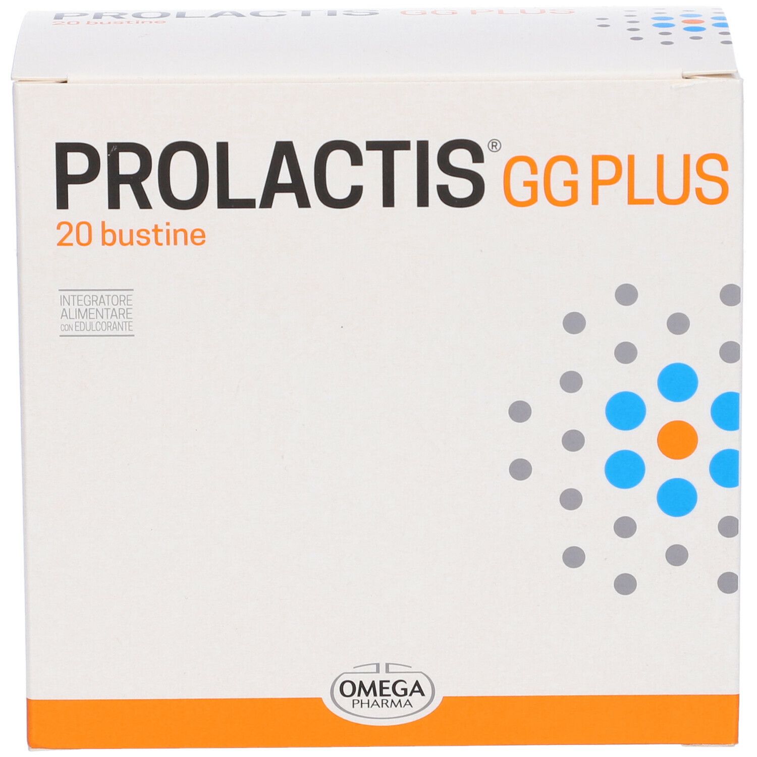 Boîte blanche "PROLACTIS GG PLUS", "20 bustine". Logo Omega Pharma. Motif bleu et orange.