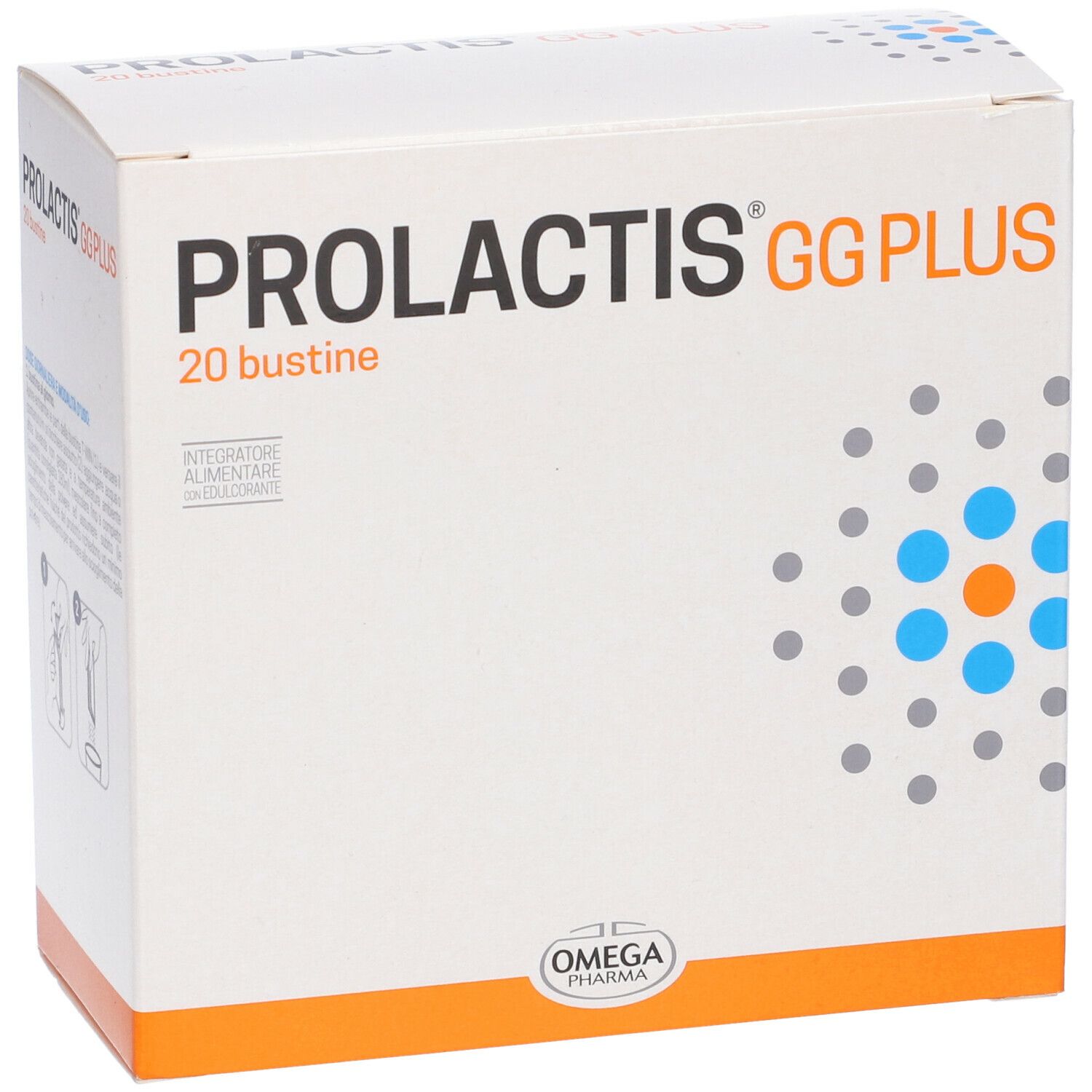Boîte blanche "PROLACTIS GG PLUS", "20 bustine". Logo Omega Pharma. Motif bleu et orange.