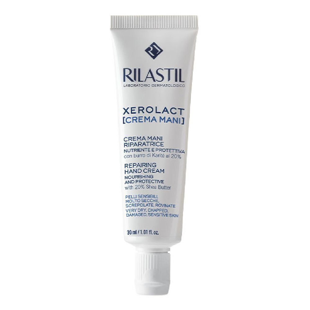 Weiße Tube mit Produktnamen und Logo. Text in italienischer und englischer Sprache. Enthält 20% Sheabutter.