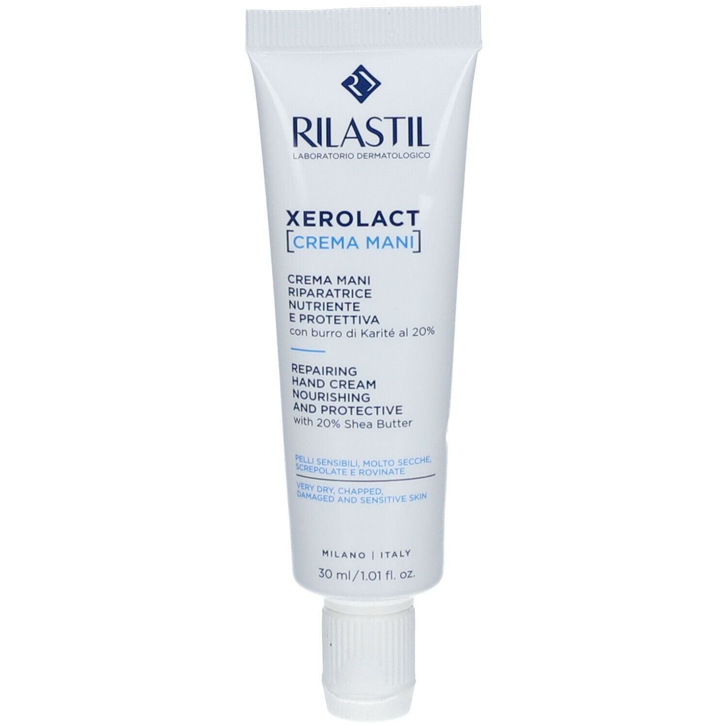 Weiße Tube mit Produktnamen und Logo. Text in italienischer und englischer Sprache. Enthält 20% Sheabutter.