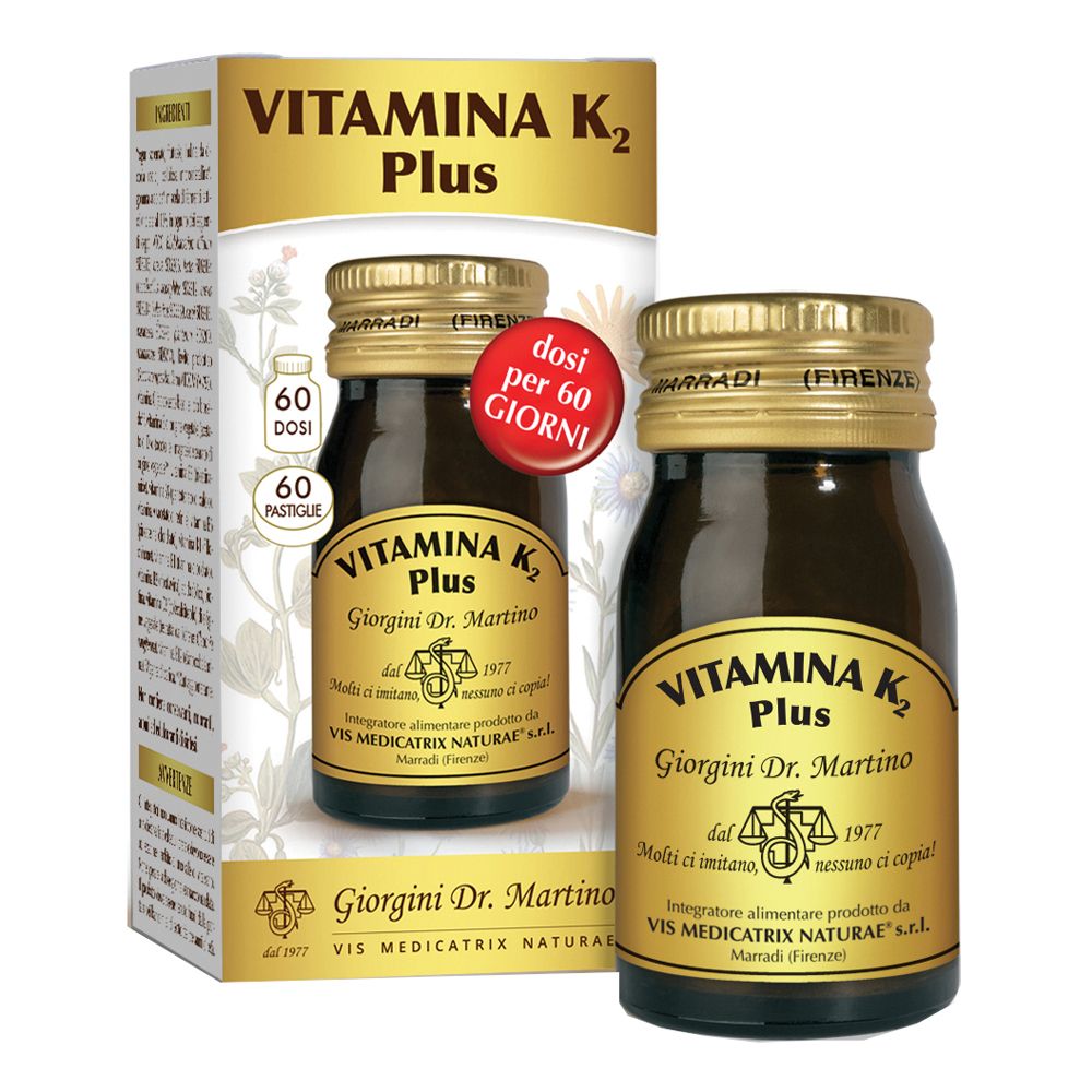 Vitamina K2 Plus, 60 comprimés. Flacon en verre brun et boîte. Inscription: Vitamina K2 Plus, Giorgini Dr. Martino.