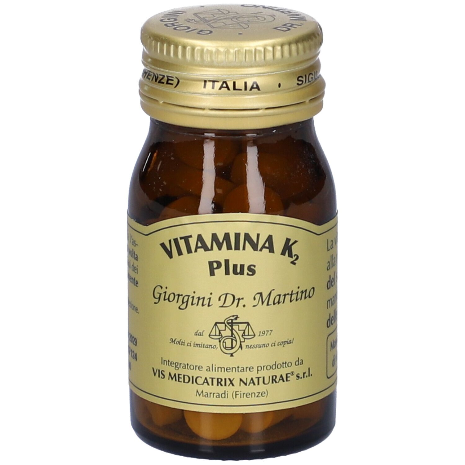 Vitamina K2 Plus, flacon en verre brun. Inscription: Vitamina K2 Plus, Giorgini Dr. Martino. Bouchon doré.