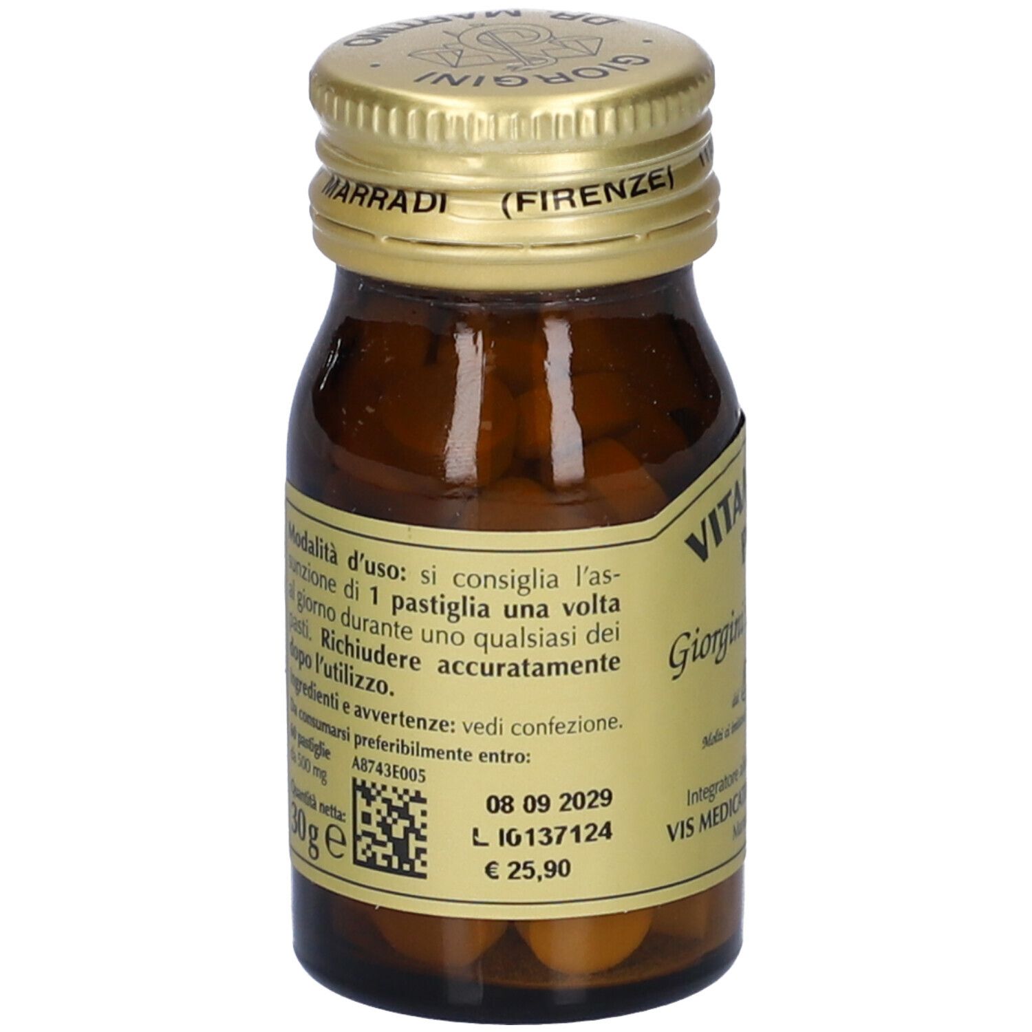 Vitamina K2 Plus, flacon en verre brun. Inscription: Vitamina K2 Plus, Giorgini Dr. Martino. Bouchon doré.