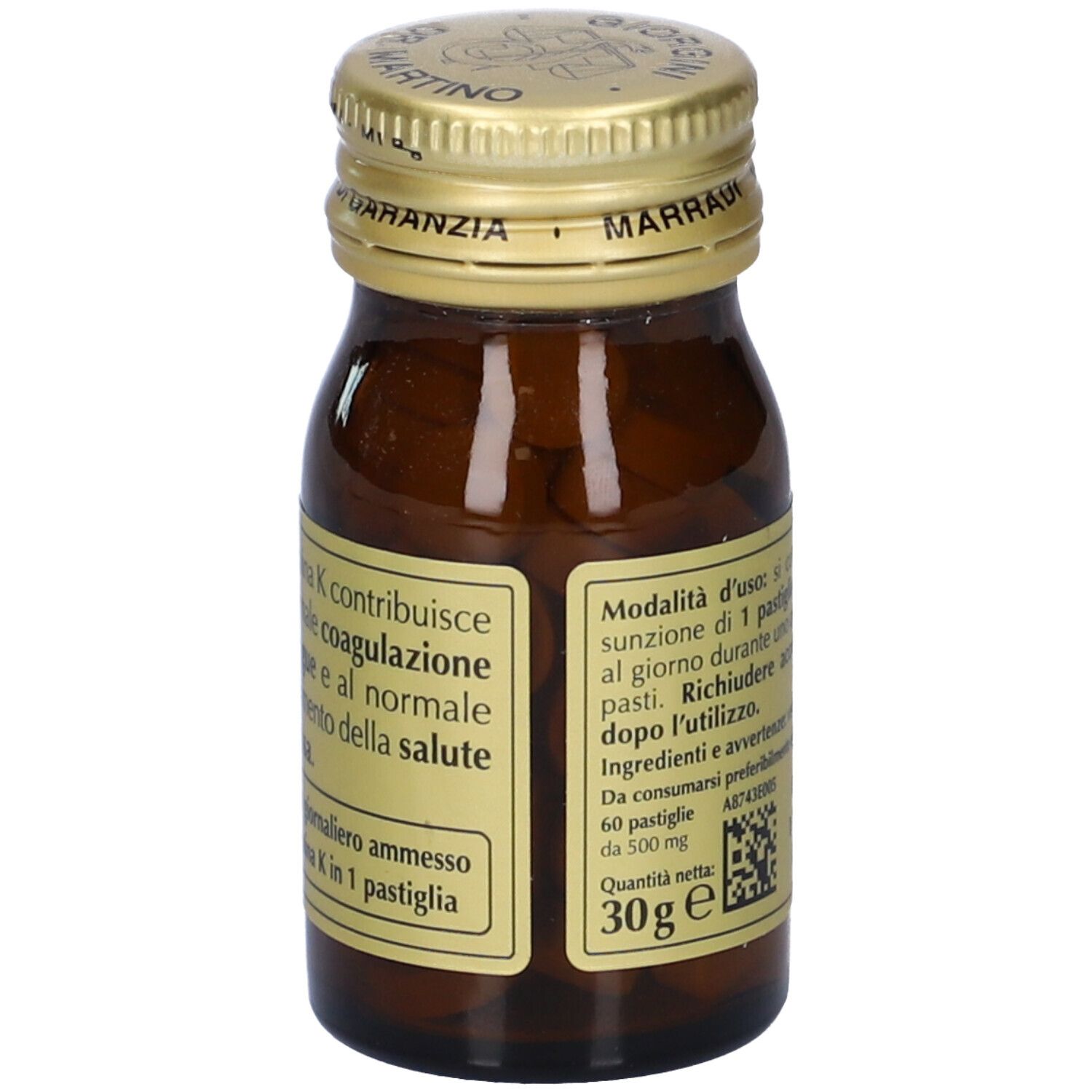 Vitamina K2 Plus, flacon en verre brun. Inscription: Vitamina K2 Plus, Giorgini Dr. Martino. Bouchon doré.