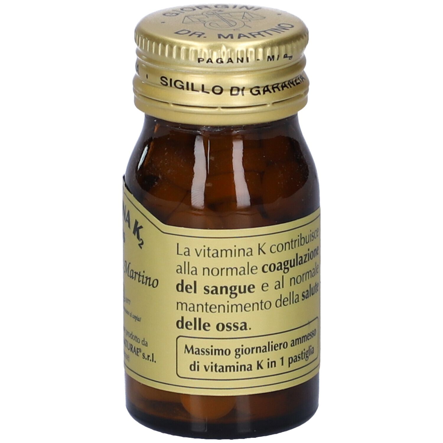 Vitamina K2 Plus, flacon en verre brun. Inscription: Vitamina K2 Plus, Giorgini Dr. Martino. Bouchon doré.
