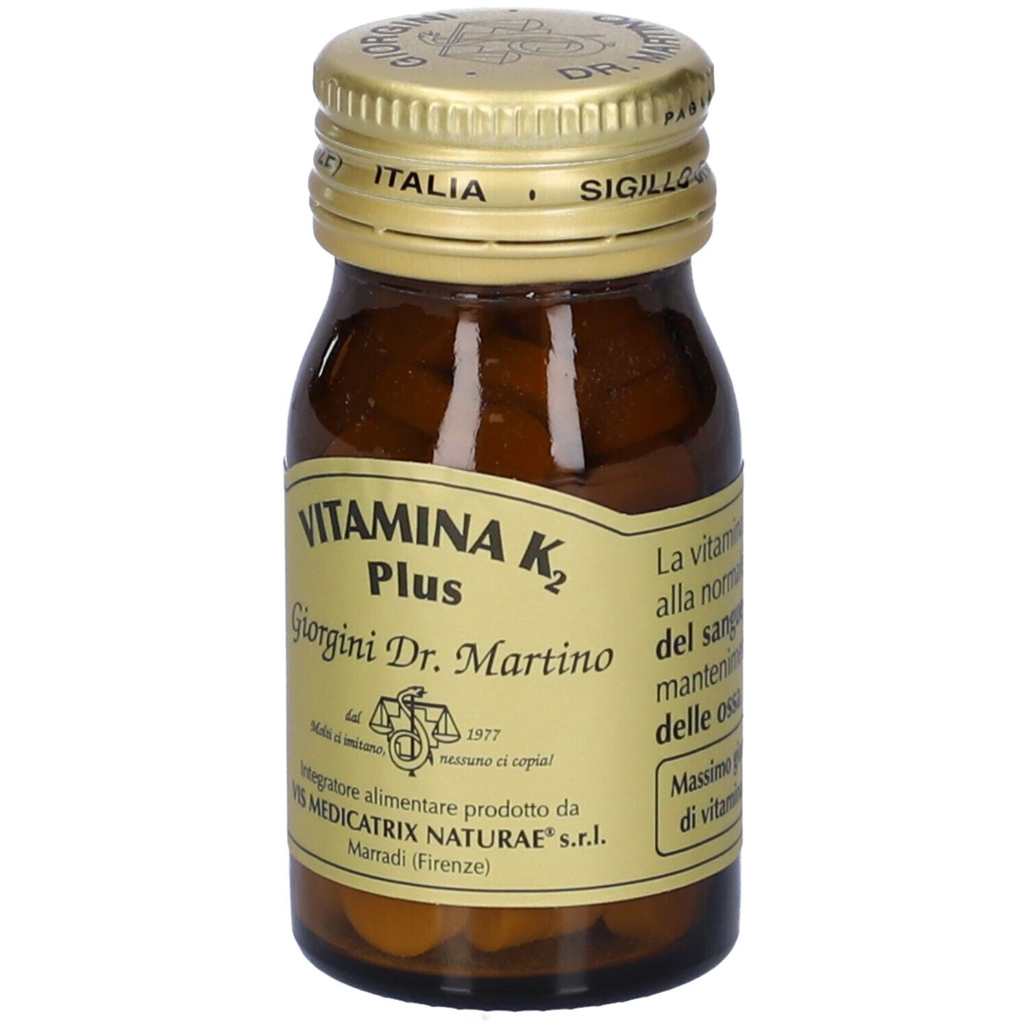 Vitamina K2 Plus, flacon en verre brun. Inscription: Vitamina K2 Plus, Giorgini Dr. Martino. Bouchon doré.