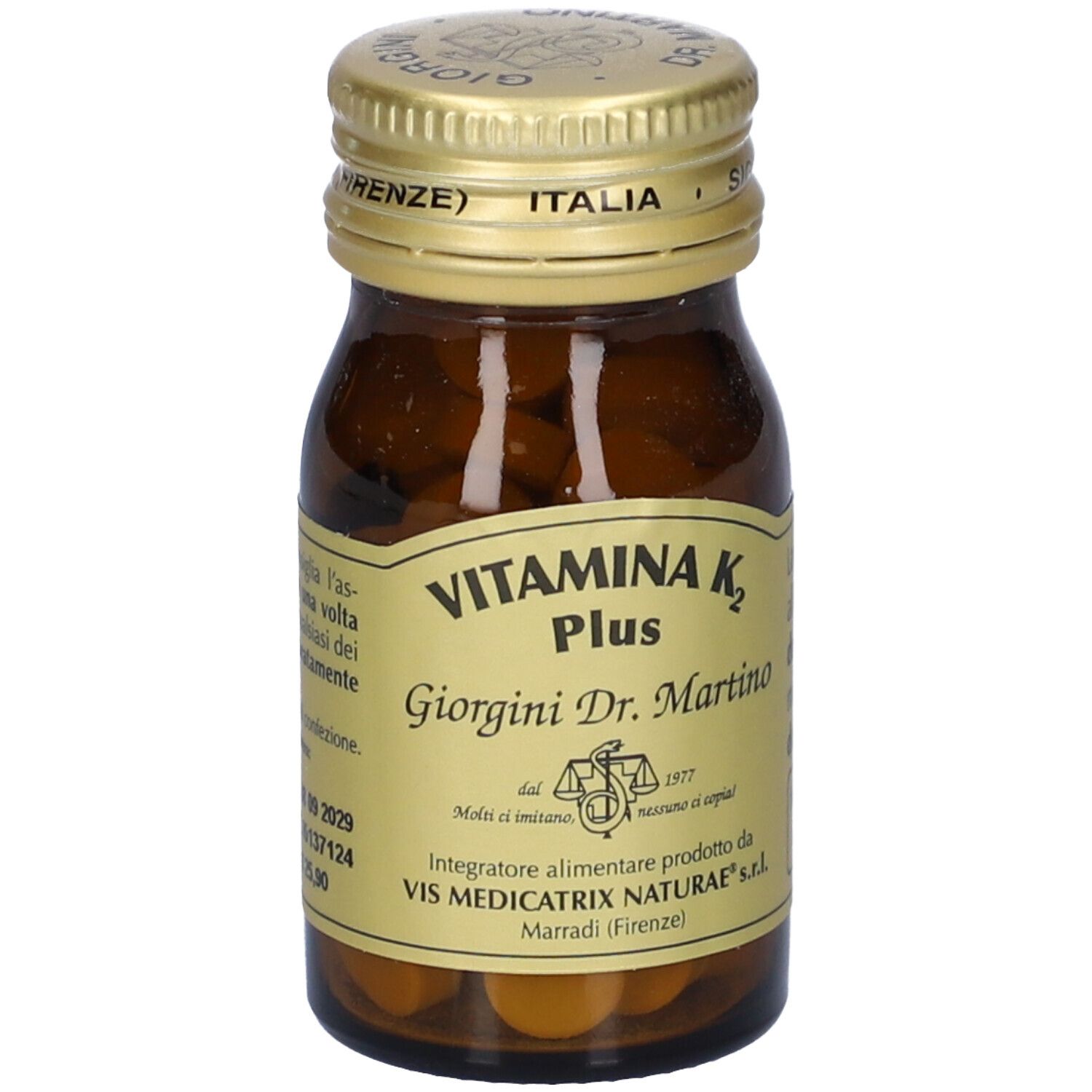 Vitamina K2 Plus, flacon en verre brun. Inscription: Vitamina K2 Plus, Giorgini Dr. Martino. Bouchon doré.