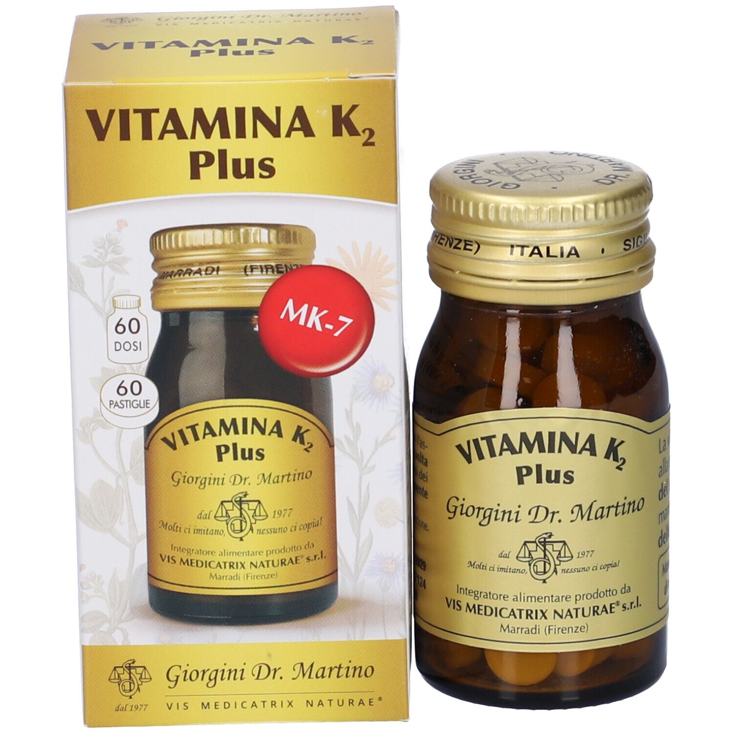Vitamina K2 Plus, flacon et emballage. Inscription: Vitamina K2 Plus, Giorgini Dr. Martino. 60 doses, 60 comprimés.