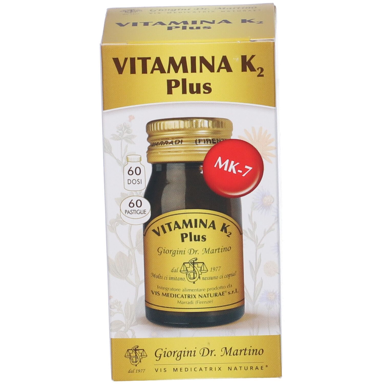 Vitamina K2 Plus, emballage. Inscription: Vitamina K2 Plus, Giorgini Dr. Martino. 60 doses, 60 comprimés. Autocollant rouge.