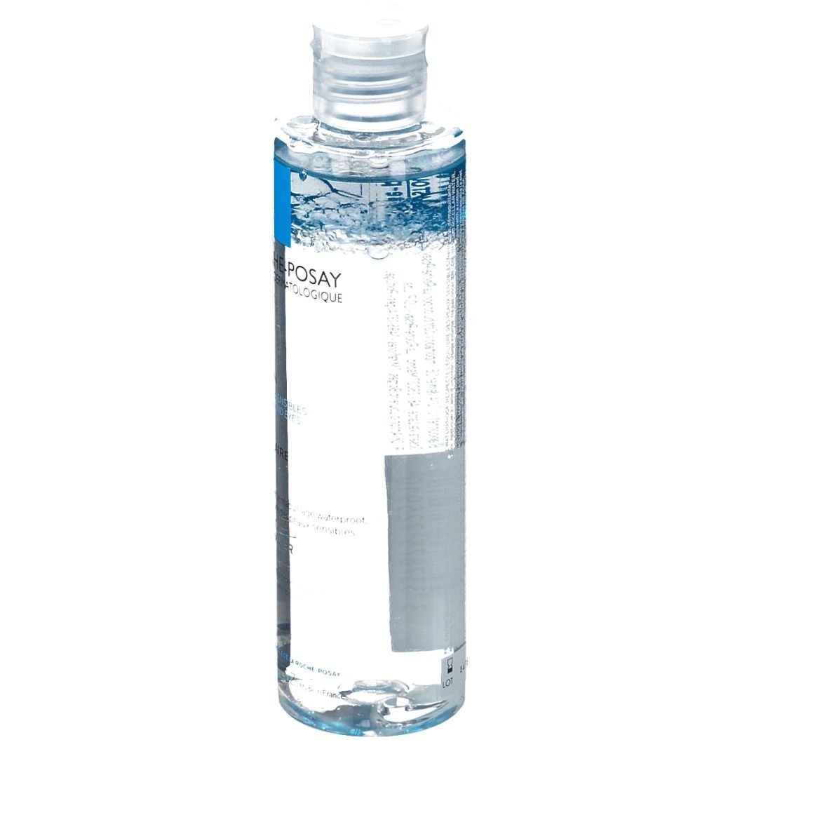 Transparente Flasche mit blauem Etikett. Teilweise beschriftet. Klare Flüssigkeit sichtbar. Weißer Deckel.